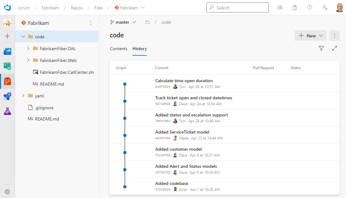 Git commit history in Azure Repos showing commits with their messages and associated work item links