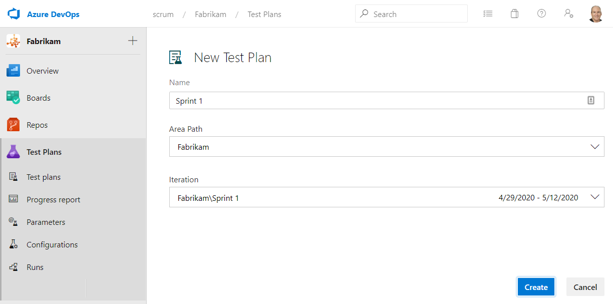 Creating a new test plan named after the Sprint that maps to the Sprint iteration in Azure Test Plans