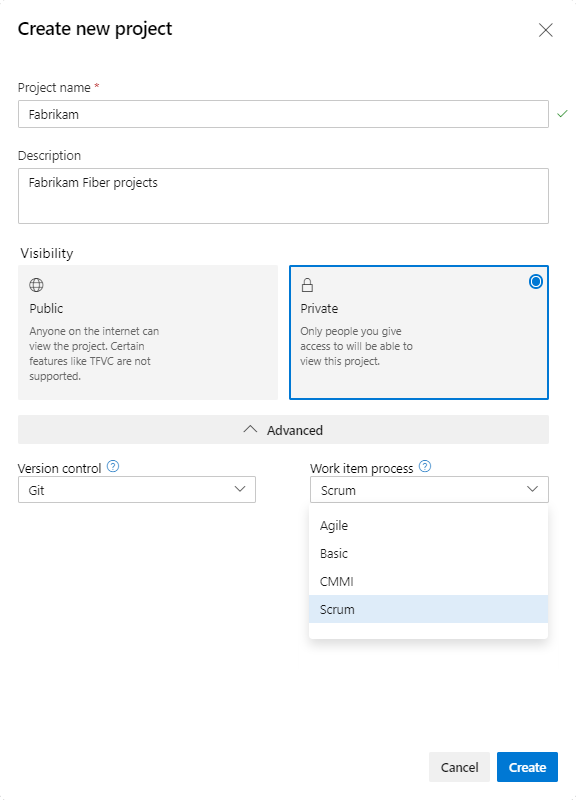 The process drop-down in the New Project dialog showing Basic, Agile, Scrum, and CMMI options