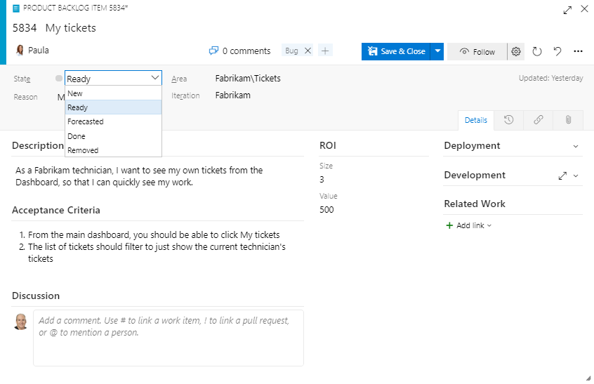 A Product Backlog Item work item form after applying the customized Professional Scrum process, showing the Size and Value labels