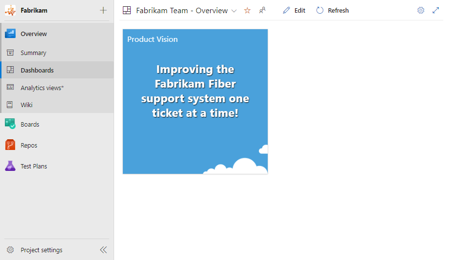 An Overview dashboard configured to show only the Product Vision widget, displaying the product vision text