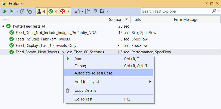 Using Test Explorer in Visual Studio to associate an automated test to a Test Case work item