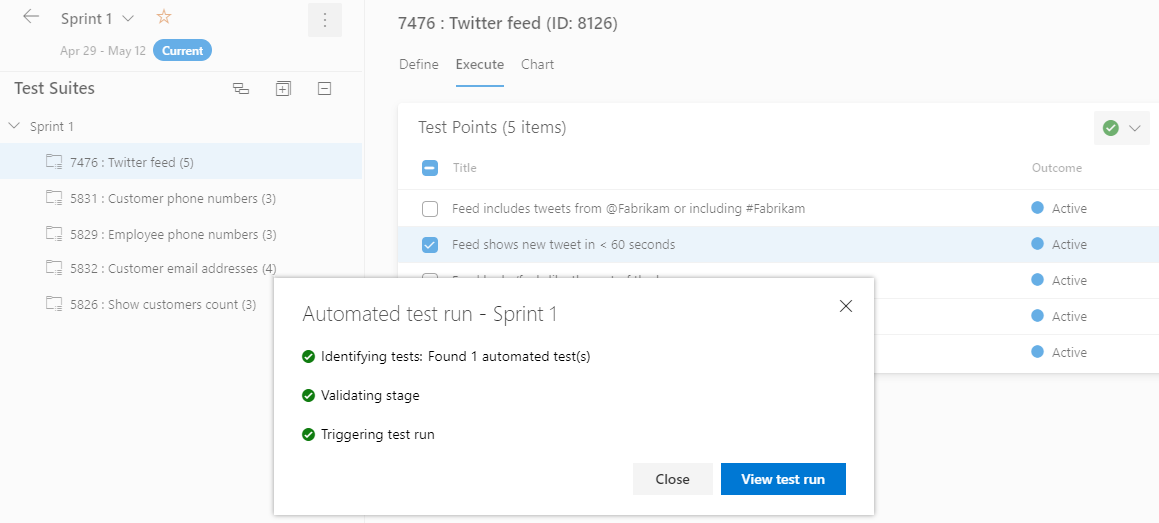 Running an automated test case from the Execute page in Azure Test Plans
