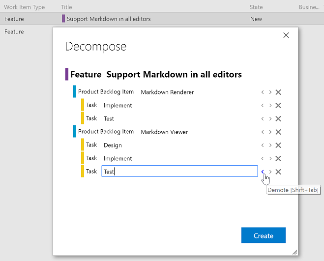 The Decompose extension being used to quickly create a work item hierarchy from epics to features to PBIs to tasks