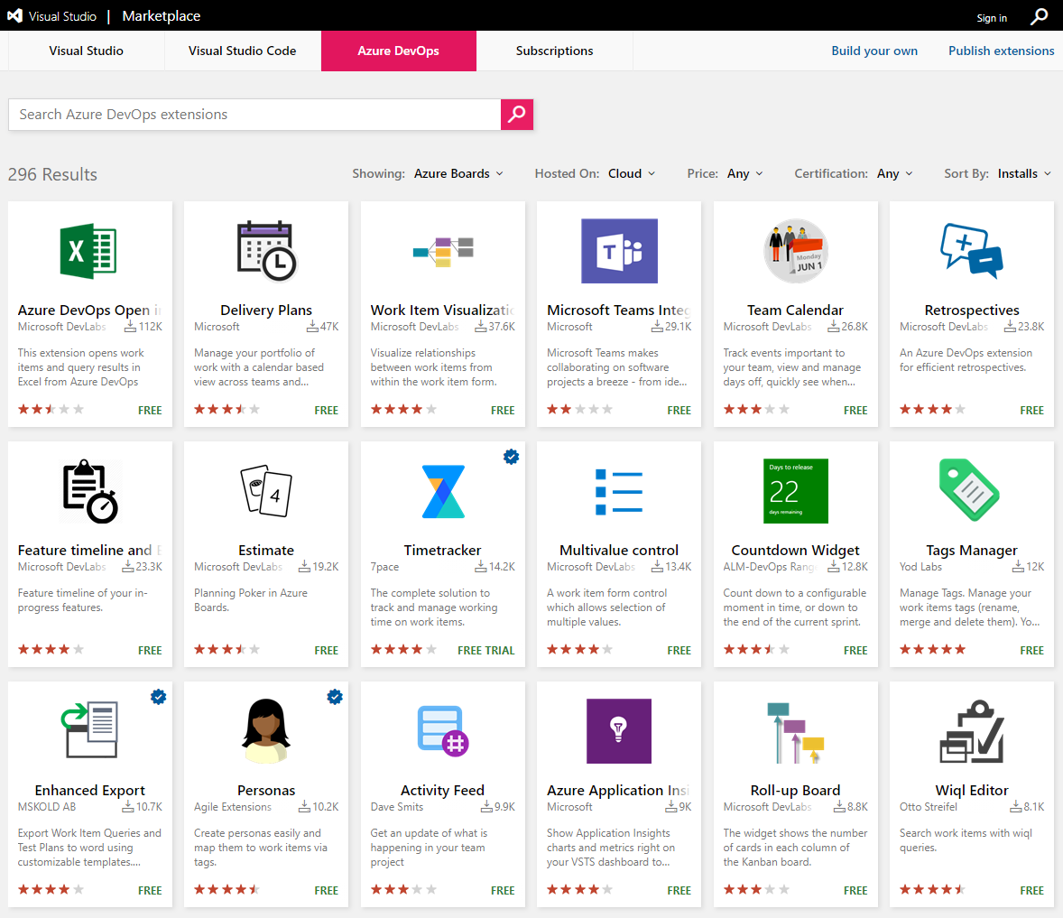 The Azure DevOps Marketplace showing a page of Azure Boards extensions sorted by number of installations