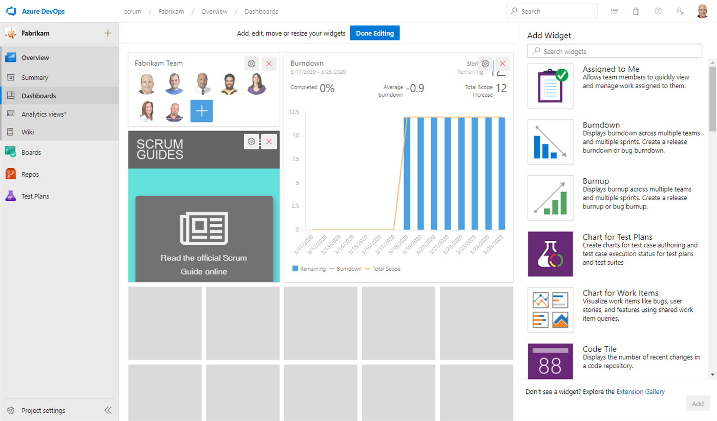 A dashboard in edit mode showing widgets being added from the catalog to the Overview dashboard
