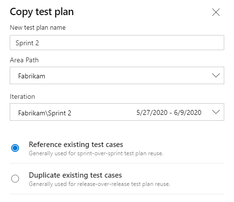 The options dialog for copying an entire test plan in Azure Test Plans, including reference or deep copy choices