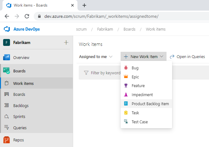 The work item types available to a Scrum process project: Product Backlog Item, Bug, Task, Impediment, Epic, and Feature