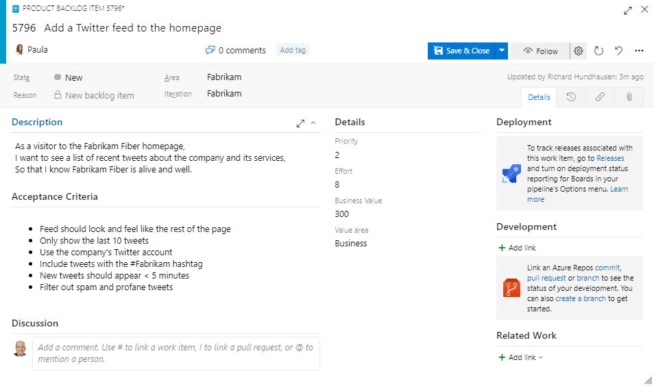 A Product Backlog Item work item form highlighting the Value Area field with its Business and Architectural options