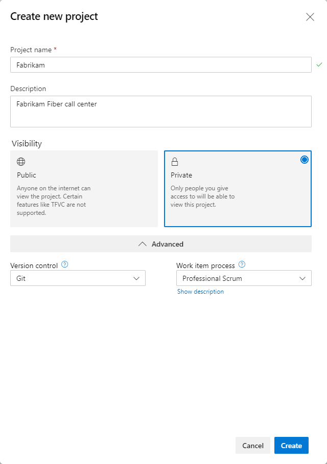 The create-project dialog showing name, visibility, version control, and process selection