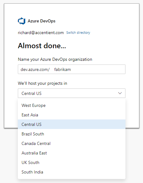 The new-organization dialog showing the Azure region selector for where the organization will be hosted