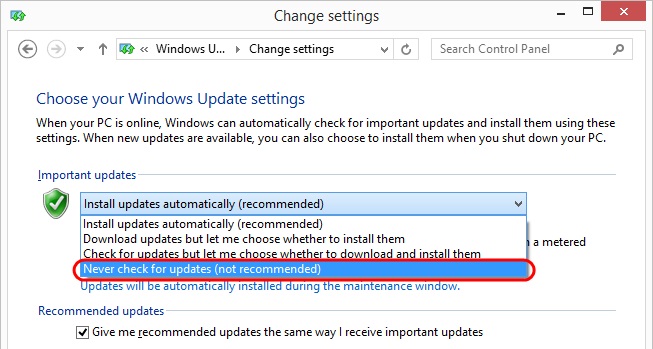 Windows 8.1 Never check for updates setting