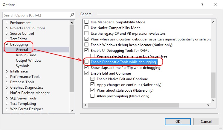 Disable Diagnostic Tools while debugging