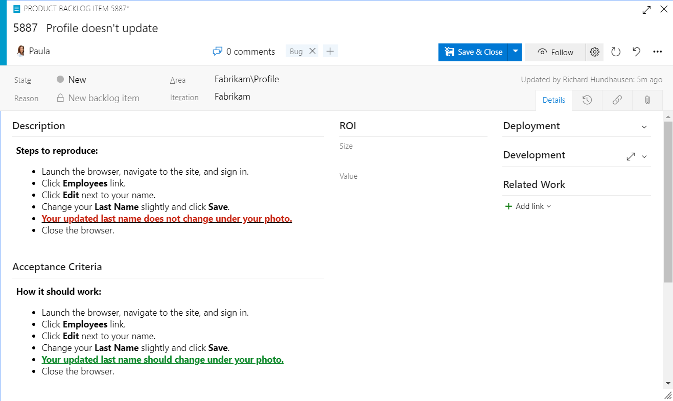 A bug work item showing observed results in the description and expected results in the acceptance criteria