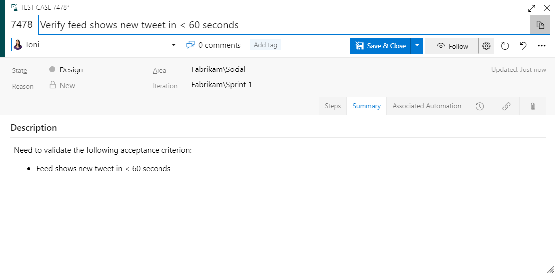 A Test Case work item in Azure DevOps showing how an acceptance criterion becomes a testable item